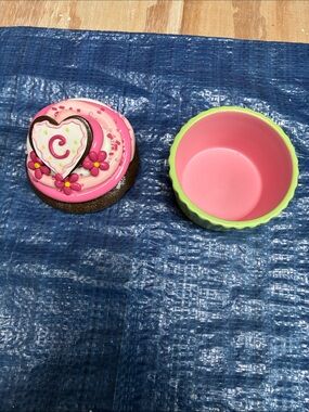 Pink Heart Cupcake Trinket Box with Lime Green Rim